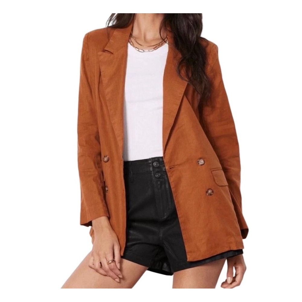 Evereve Blazer Jacket Alexa Double Breasted Linen Blend Brown Small